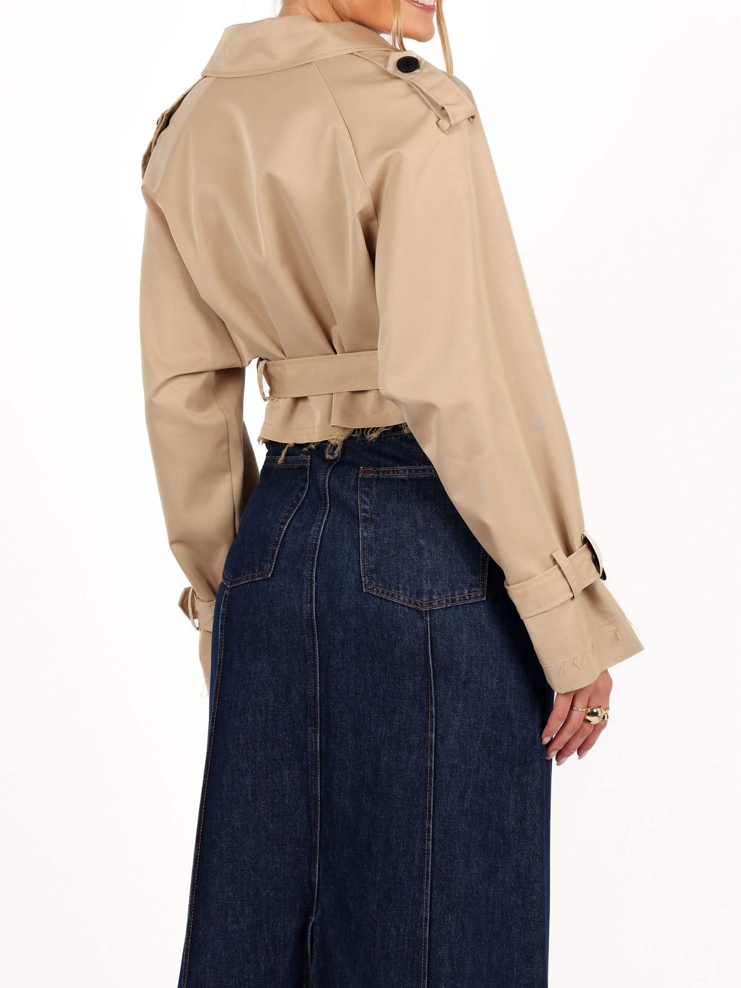 Beige Double Breasted Crop Trench Jacket