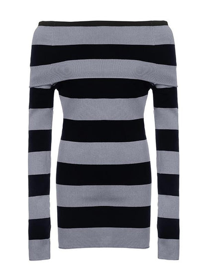 Knitted Off-Shoulder Long Sleeve Striped Mini Dress