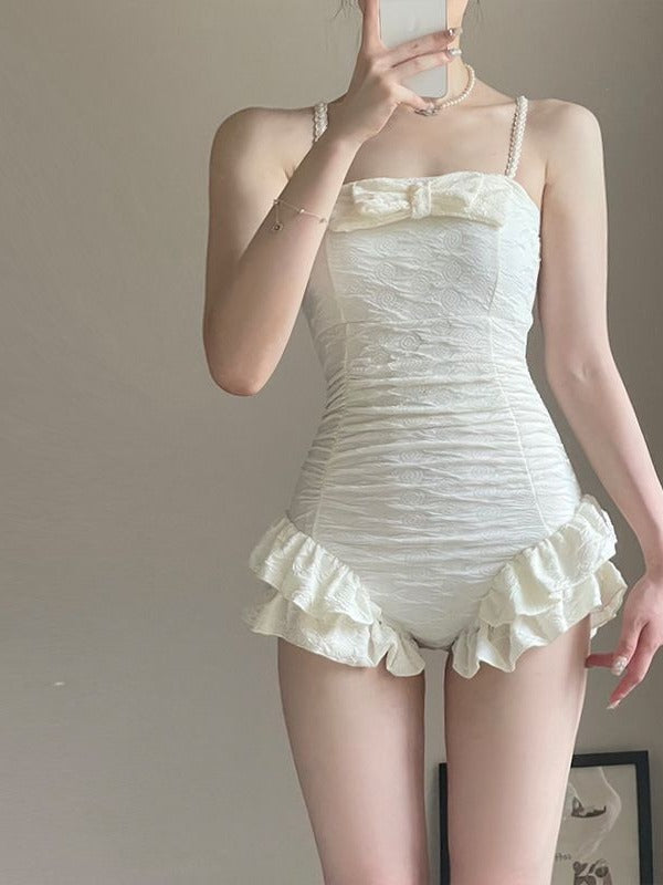 Korean Girl Ruffle Bow One-Piece Swimsuit