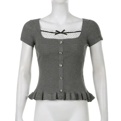 Gray Cap Sleeve Ruffle Hem Milkmaid Top