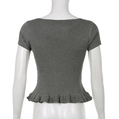 Gray Cap Sleeve Ruffle Hem Milkmaid Top