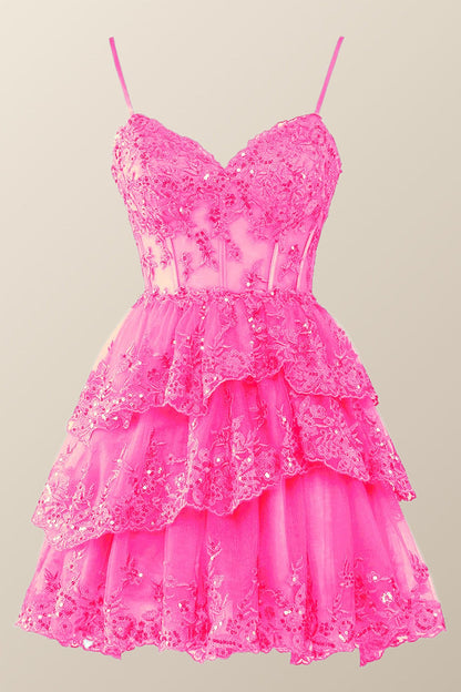 Lace Applique Tiered Tulle Corset Mini Dress