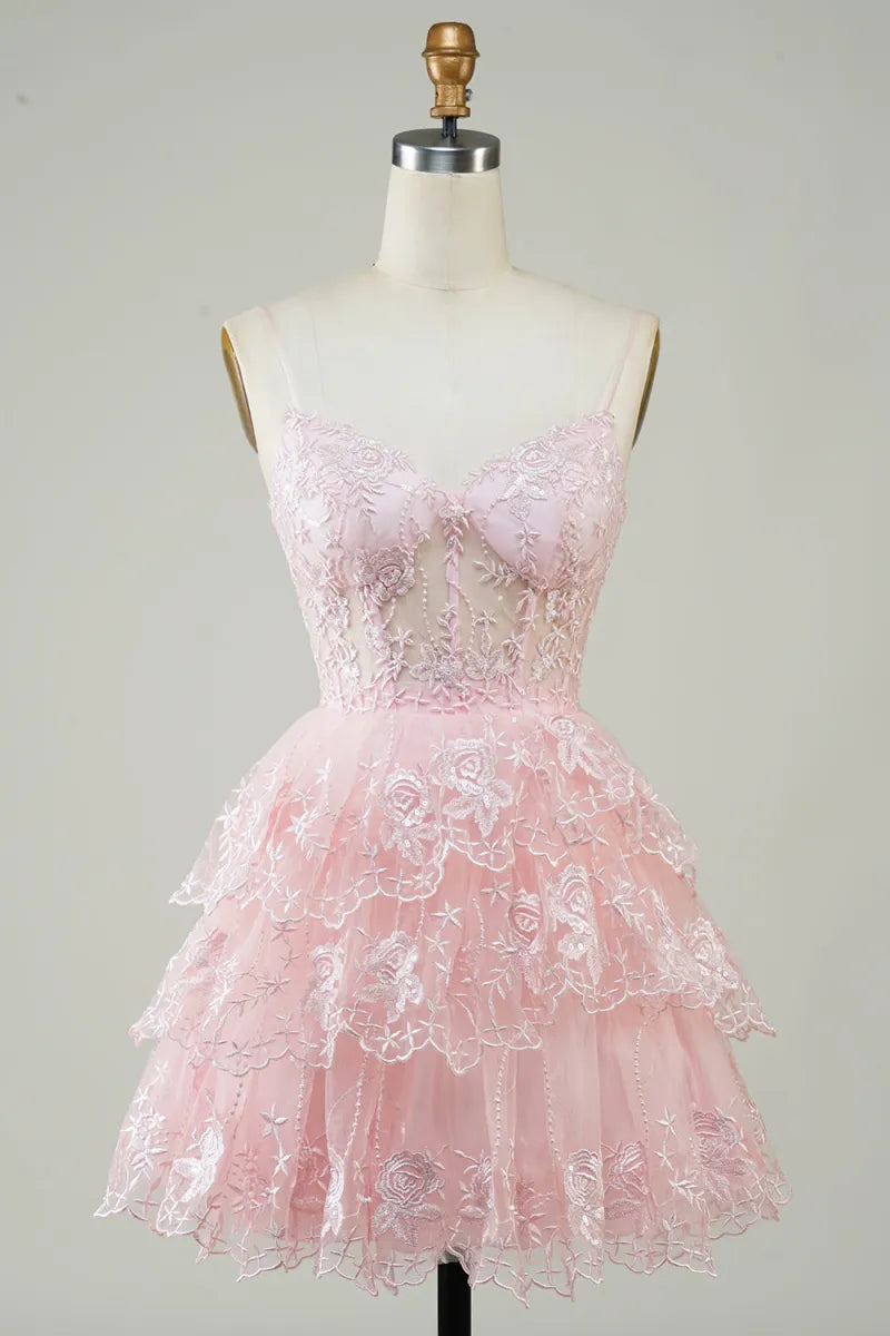 Lace Applique Tiered Tulle Corset Mini Dress