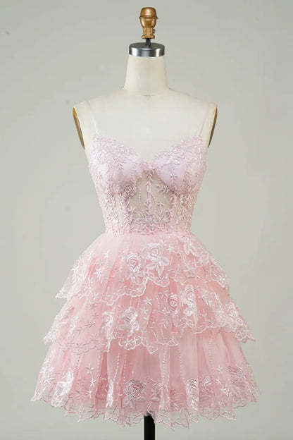 Lace Applique Tiered Tulle Corset Mini Dress