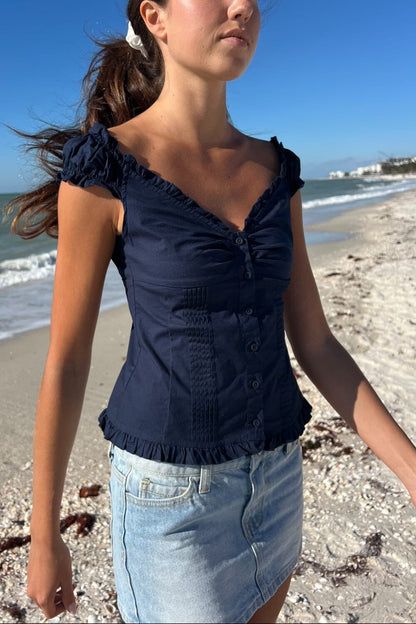 Lily Solid Button Frill Top