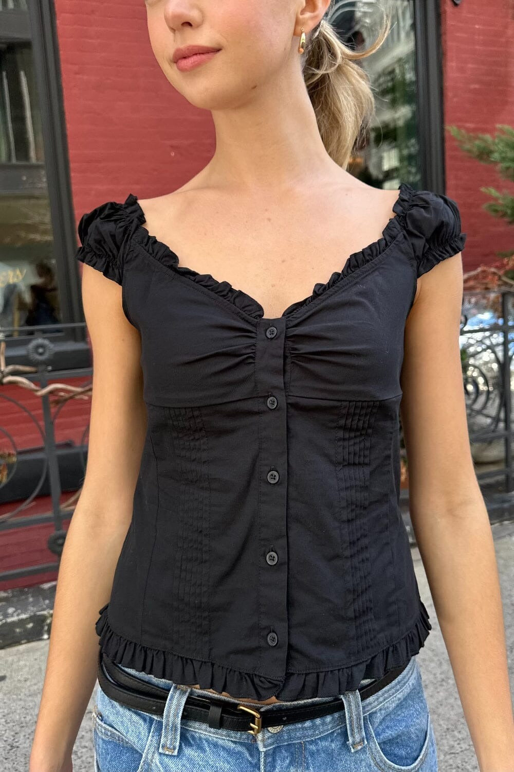 Lily Solid Button Frill Top