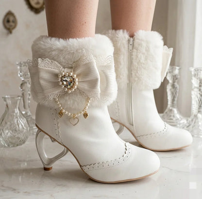 Lolita Bow Fur Heart-Heel Ankle Boots