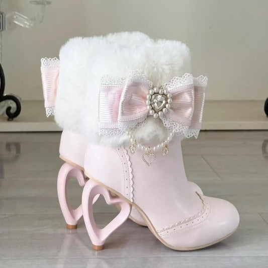 Lolita Bow Fur Heart-Heel Ankle Boots