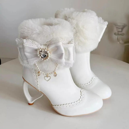 Lolita Bow Fur Heart-Heel Ankle Boots