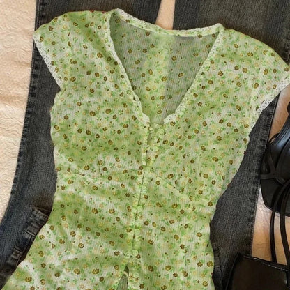 Meadow Bloom Button-Front Cap Sleeve Blouse