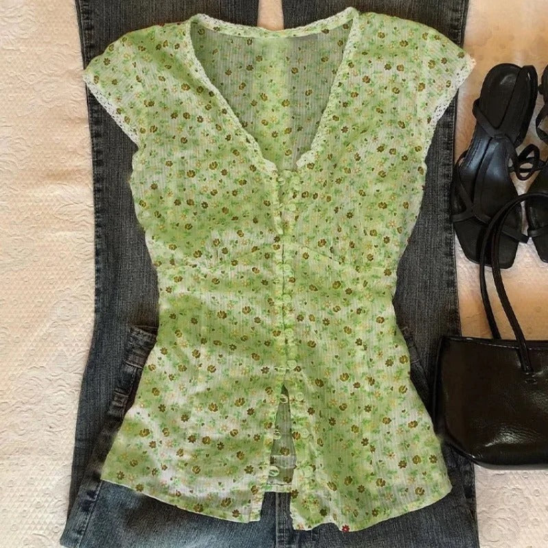 Meadow Bloom Button-Front Cap Sleeve Blouse