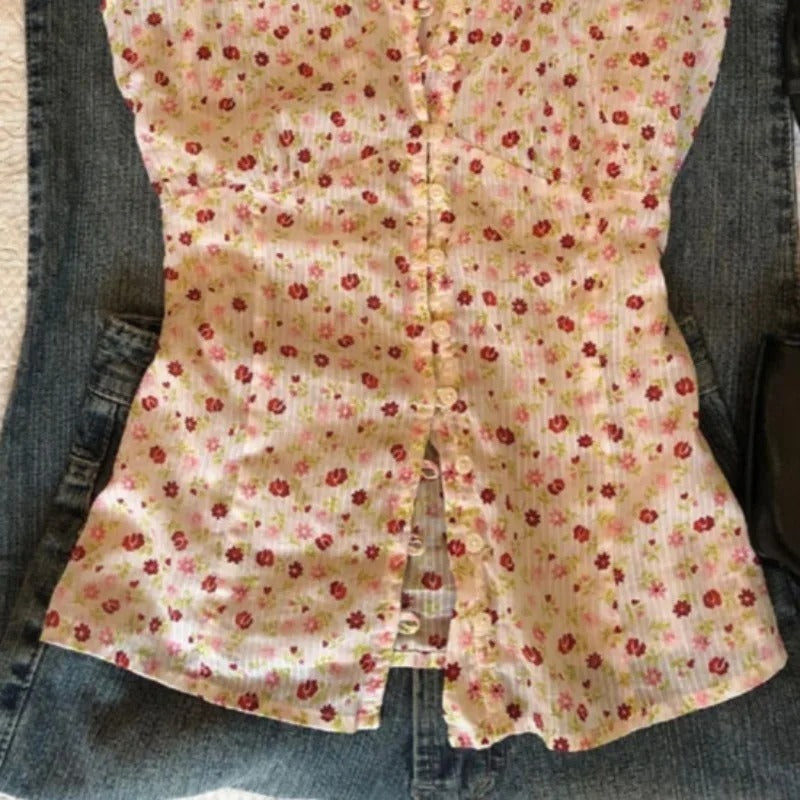 Meadow Bloom Button-Front Cap Sleeve Blouse
