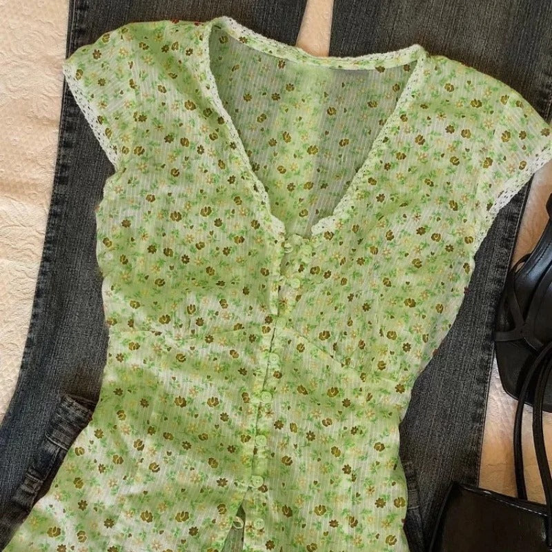 Meadow Bloom Button-Front Cap Sleeve Blouse