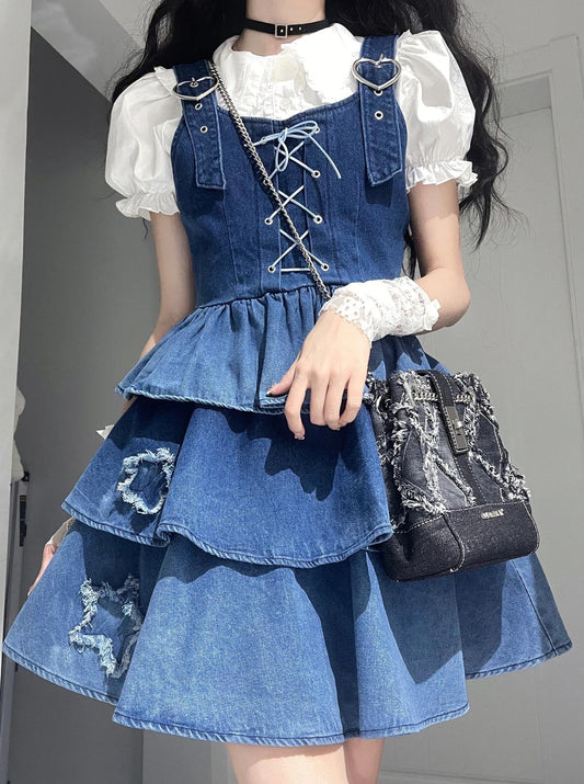 Gradient Wash Star Denim Skirt & Top Set