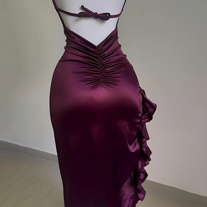 Burgundy Ruffled High Slit Ruched Bust Dress