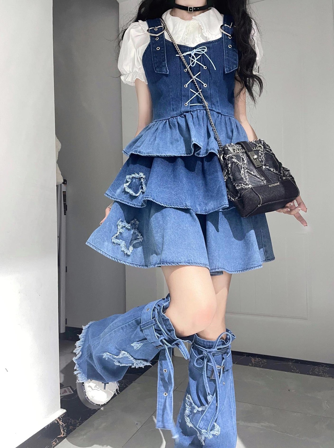 Gradient Wash Star Denim Skirt & Top Set