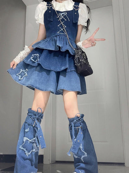 Gradient Wash Star Denim Skirt & Top Set