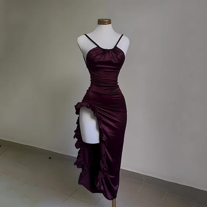 Burgundy Ruffled High Slit Ruched Bust Dress