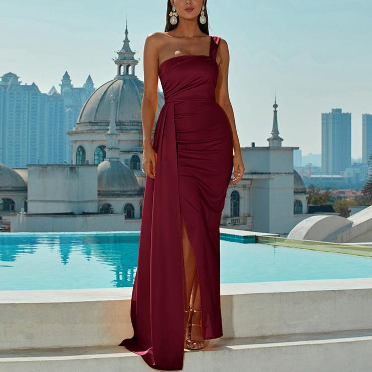 Burgundy One Shoulder Slit Maxi Dress