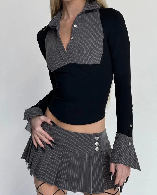 Officecore Pinstriped Splicing Collar Blouse