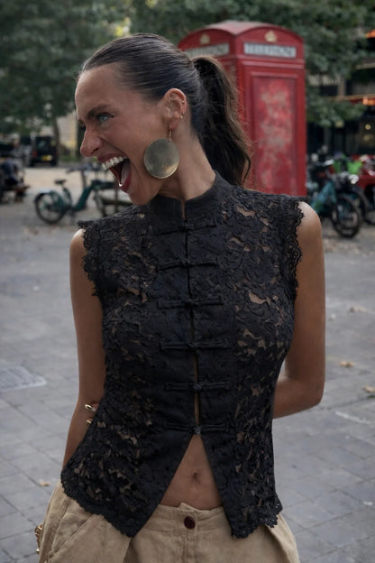 Onyx Orchid Lace Cheongsam Top