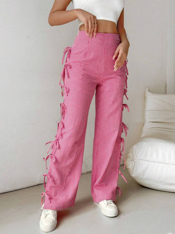 Gingham Side-Ties High-Waist Pants