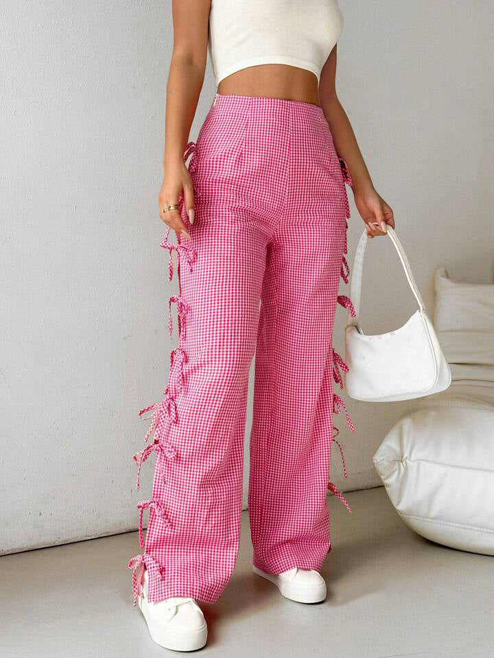 Gingham Side-Ties High-Waist Pants