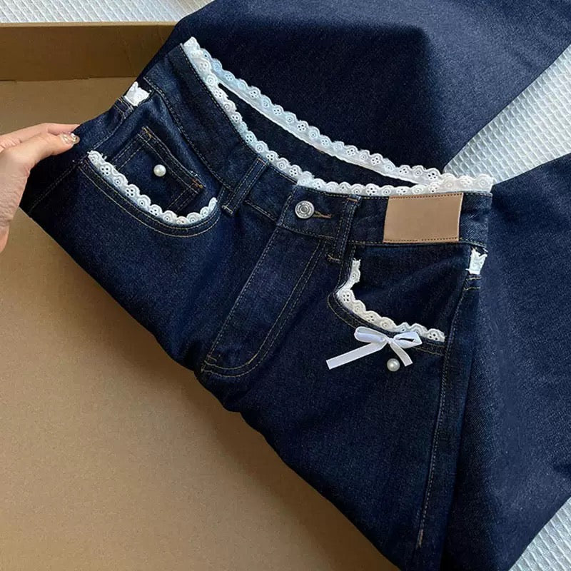 Pearl Ribbon Lace Trim Denim