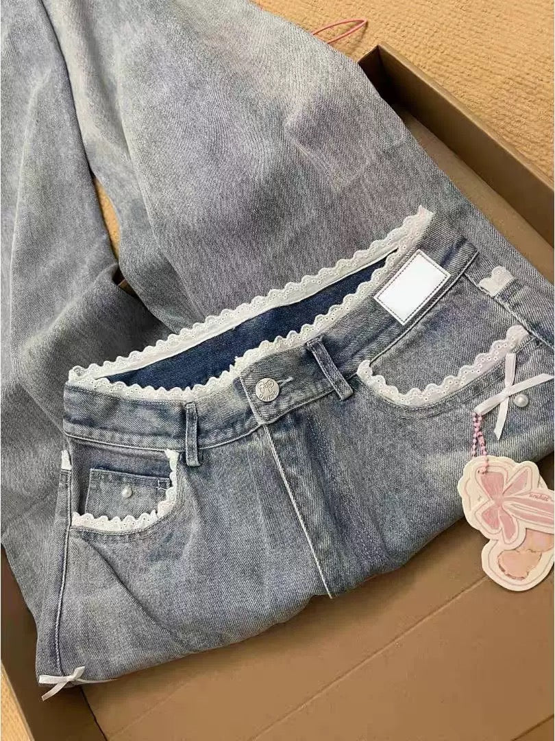 Pearl Ribbon Lace Trim Denim