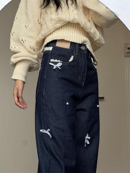 Pearl Ribbon Lace Trim Denim
