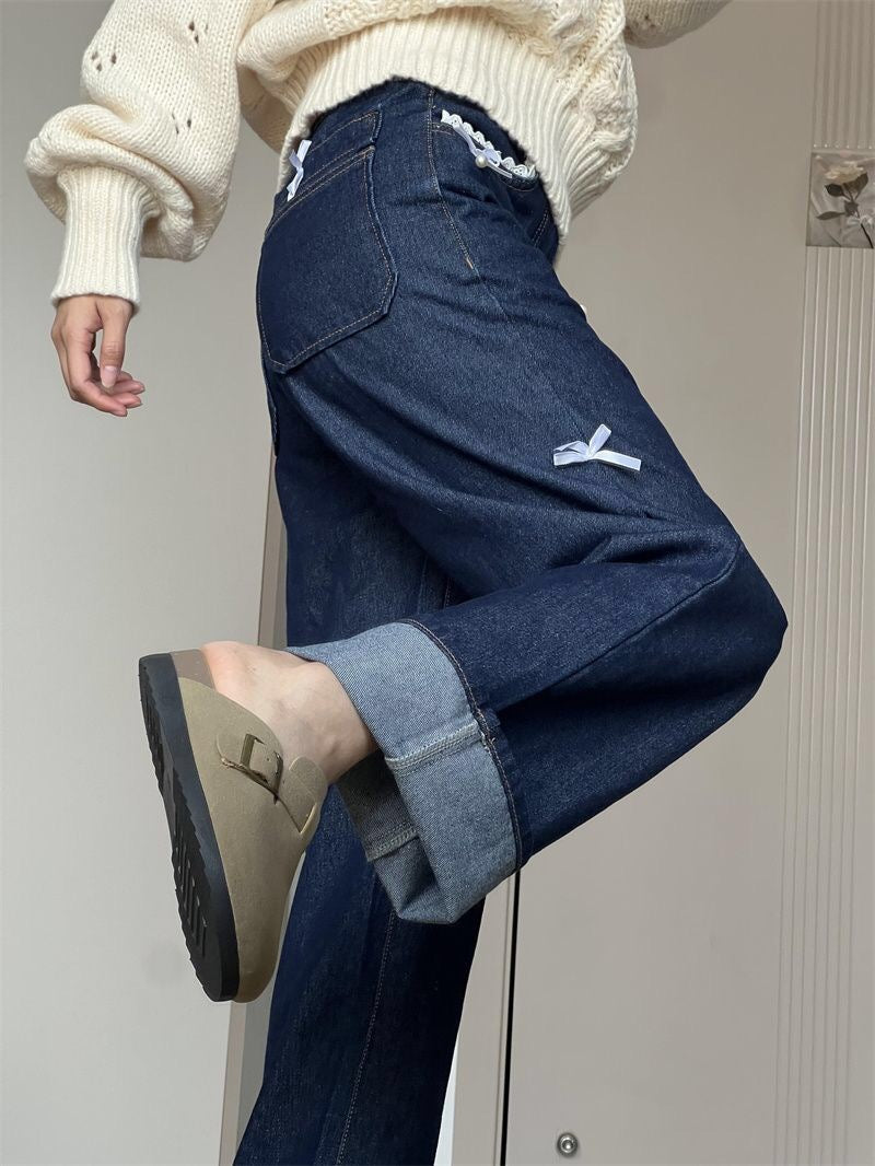Pearl Ribbon Lace Trim Denim