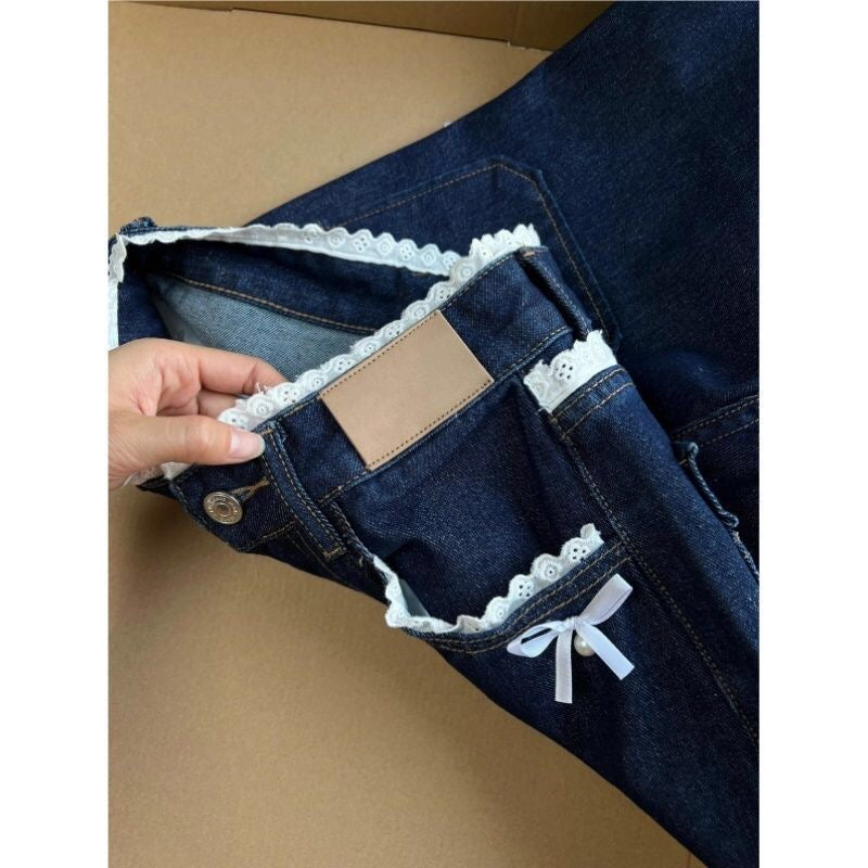 Pearl Ribbon Lace Trim Denim