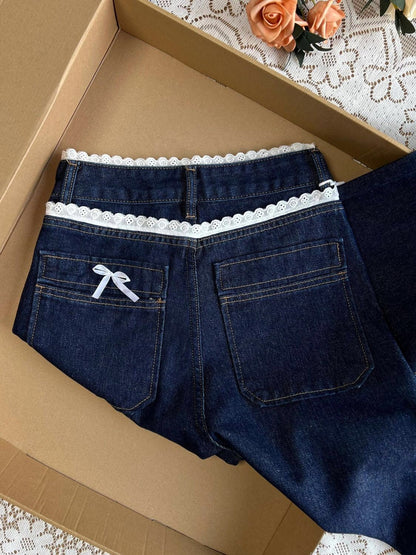 Pearl Ribbon Lace Trim Denim