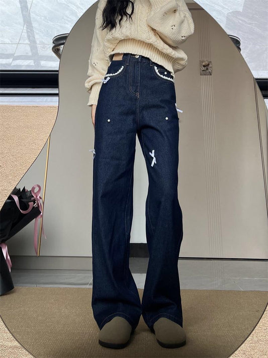 Pearl Ribbon Lace Trim Denim