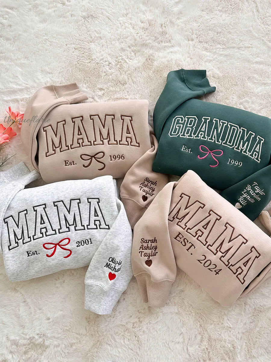 Personalized MAMA Embroidered Bow Sweatshirt with Names on Sleeve