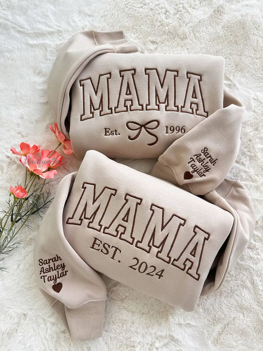 Personalized MAMA Embroidered Bow Sweatshirt with Names on Sleeve