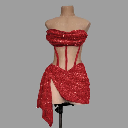 Red Sequin Sheer Cocktail Dress