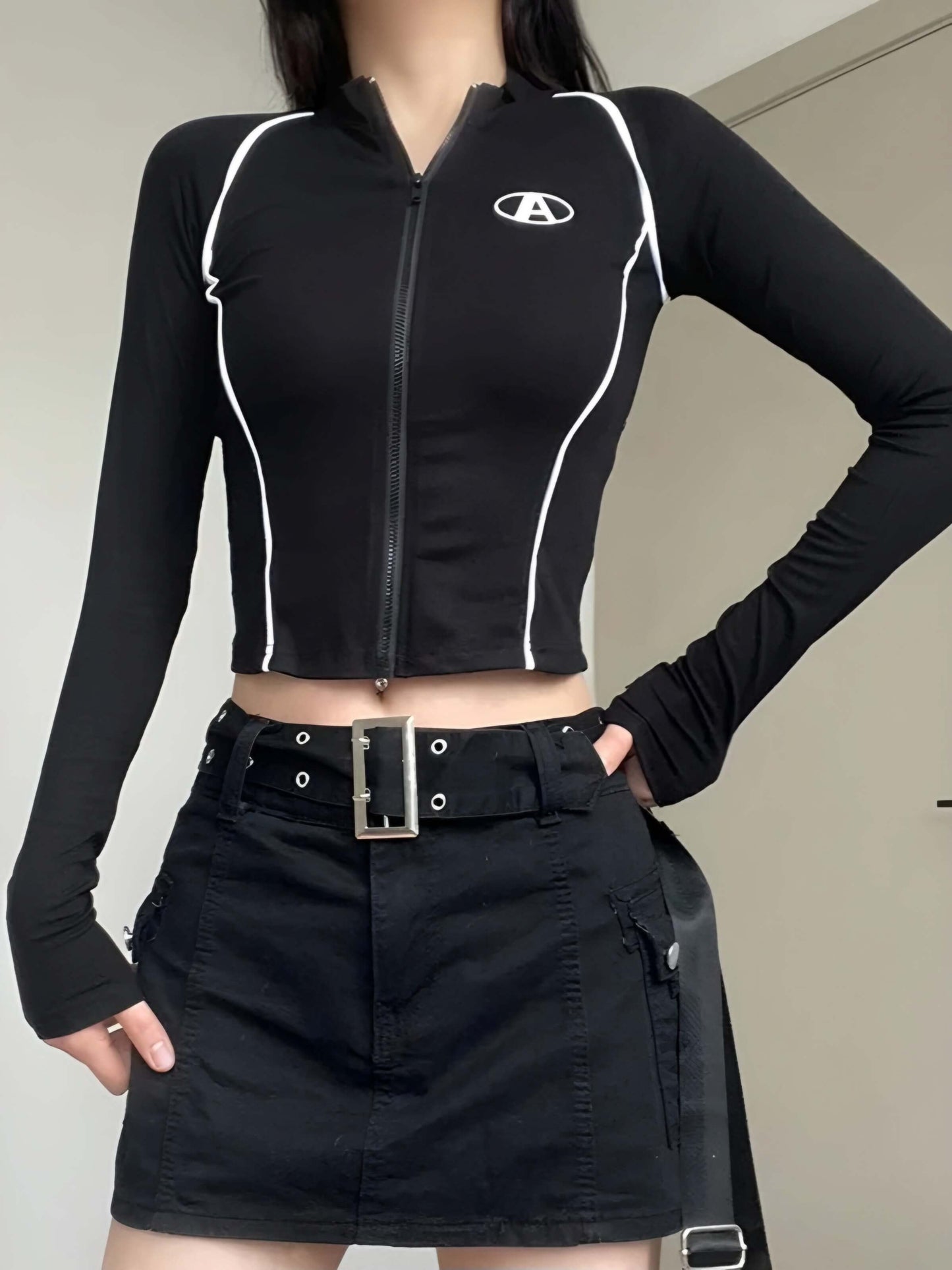 Athletic Stripes Zip-Up Crop Top