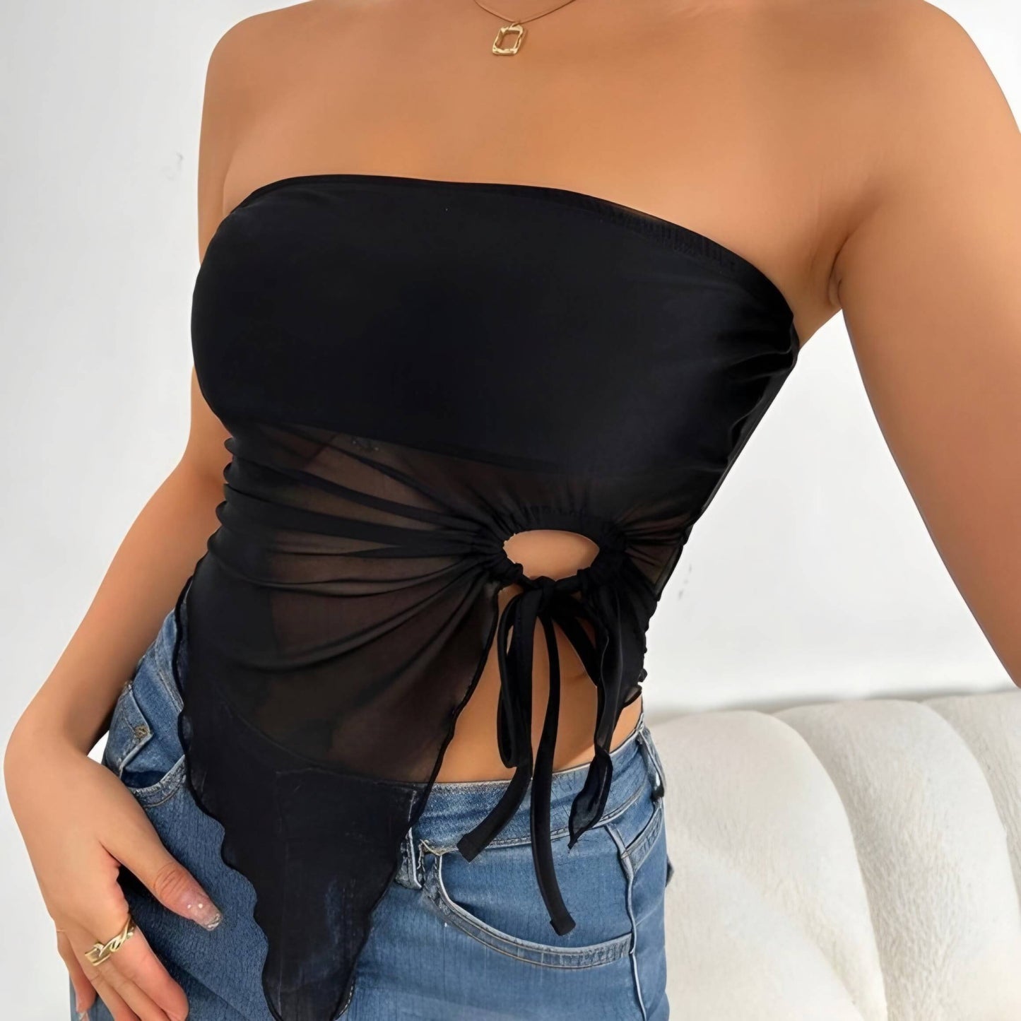 Side Drawstring Asymmetric Tube Top