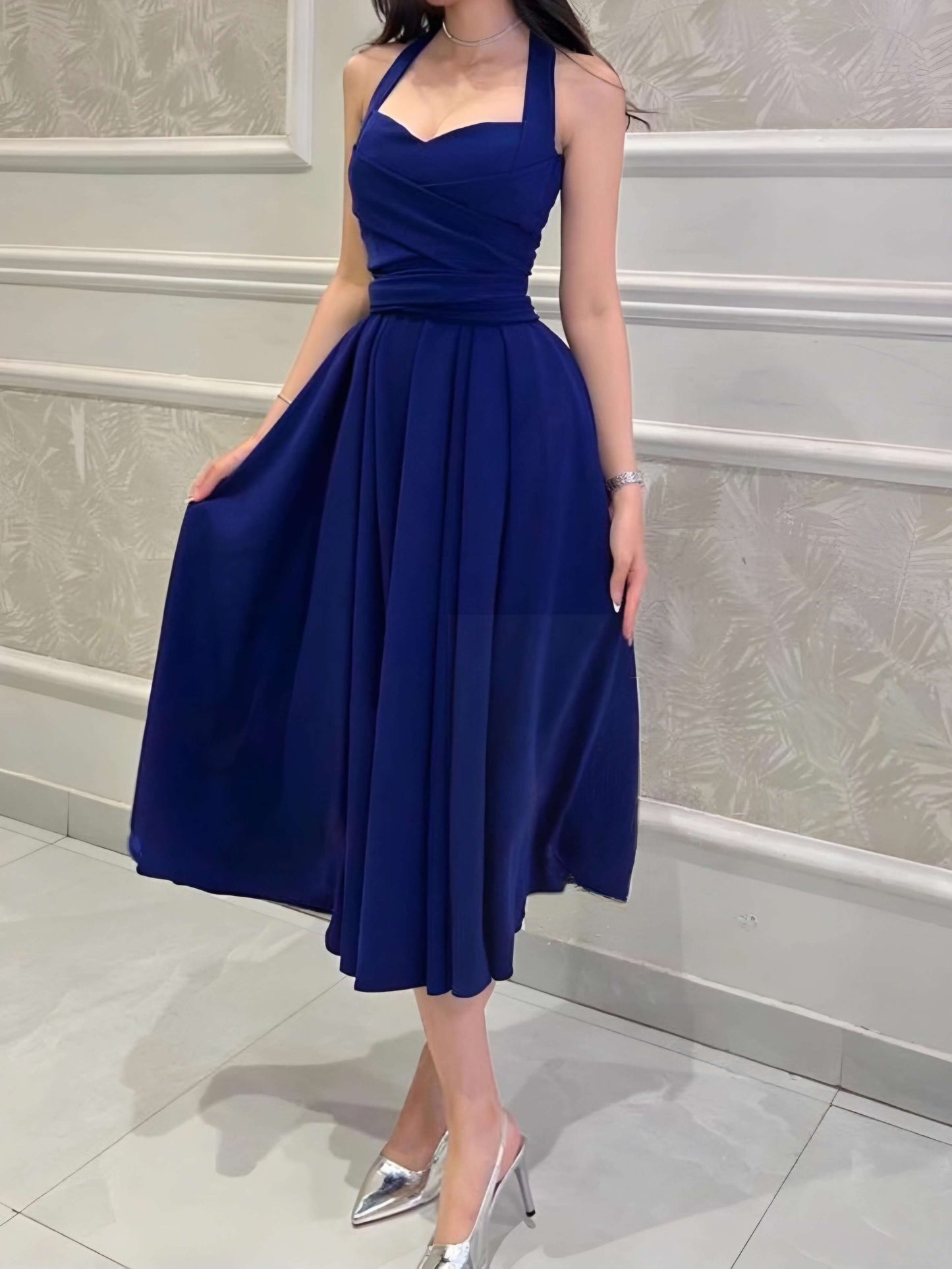 Blue Halter Neck Flare Dress