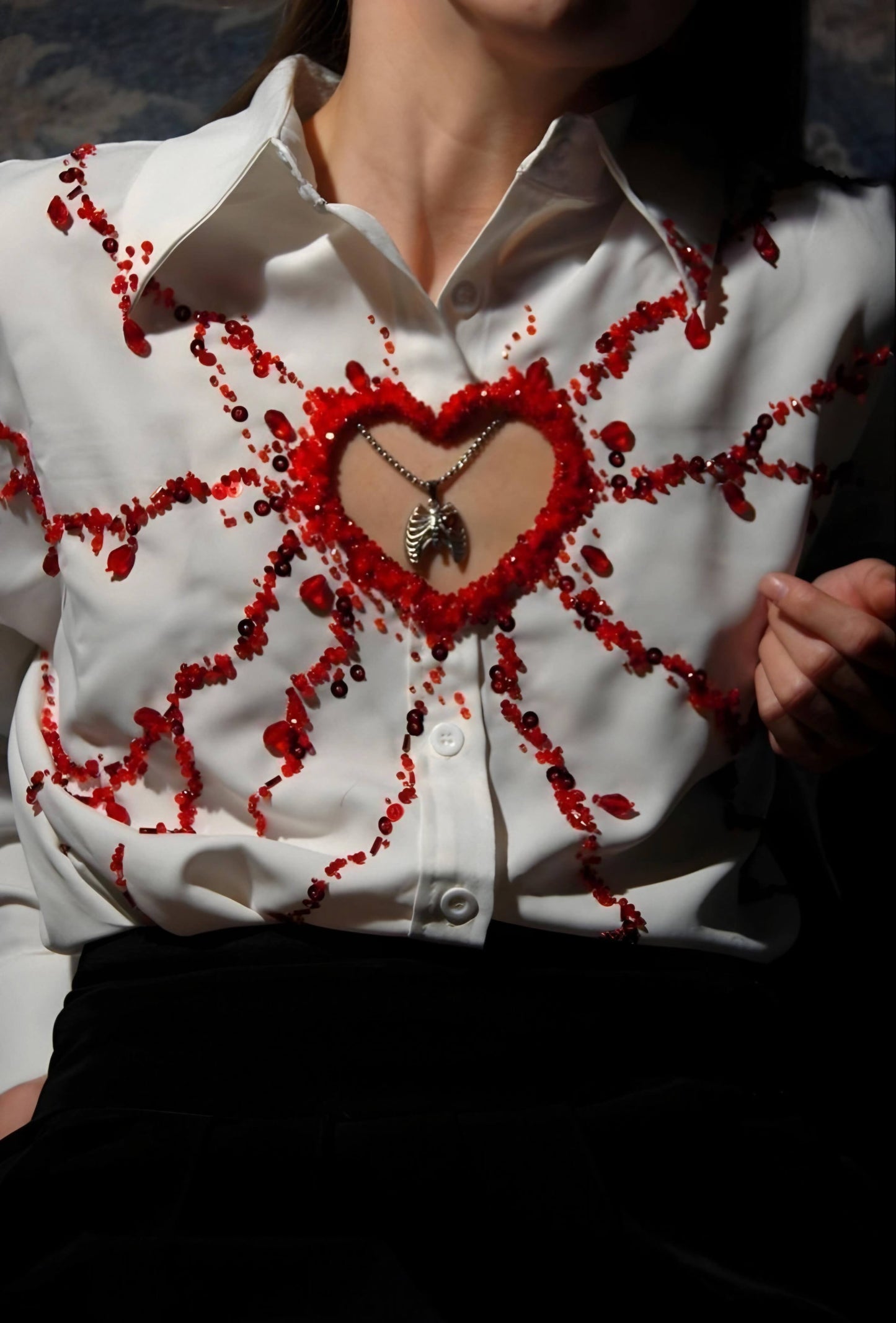 Bleeding Heart Bead Embroidery Shirt