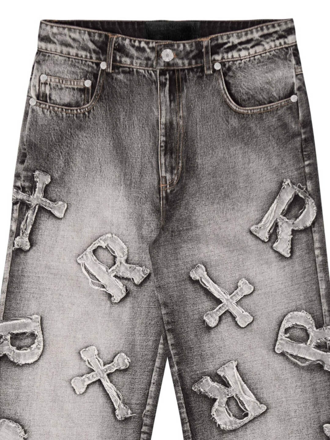 Frayed Cross & Letter Patch Jeans