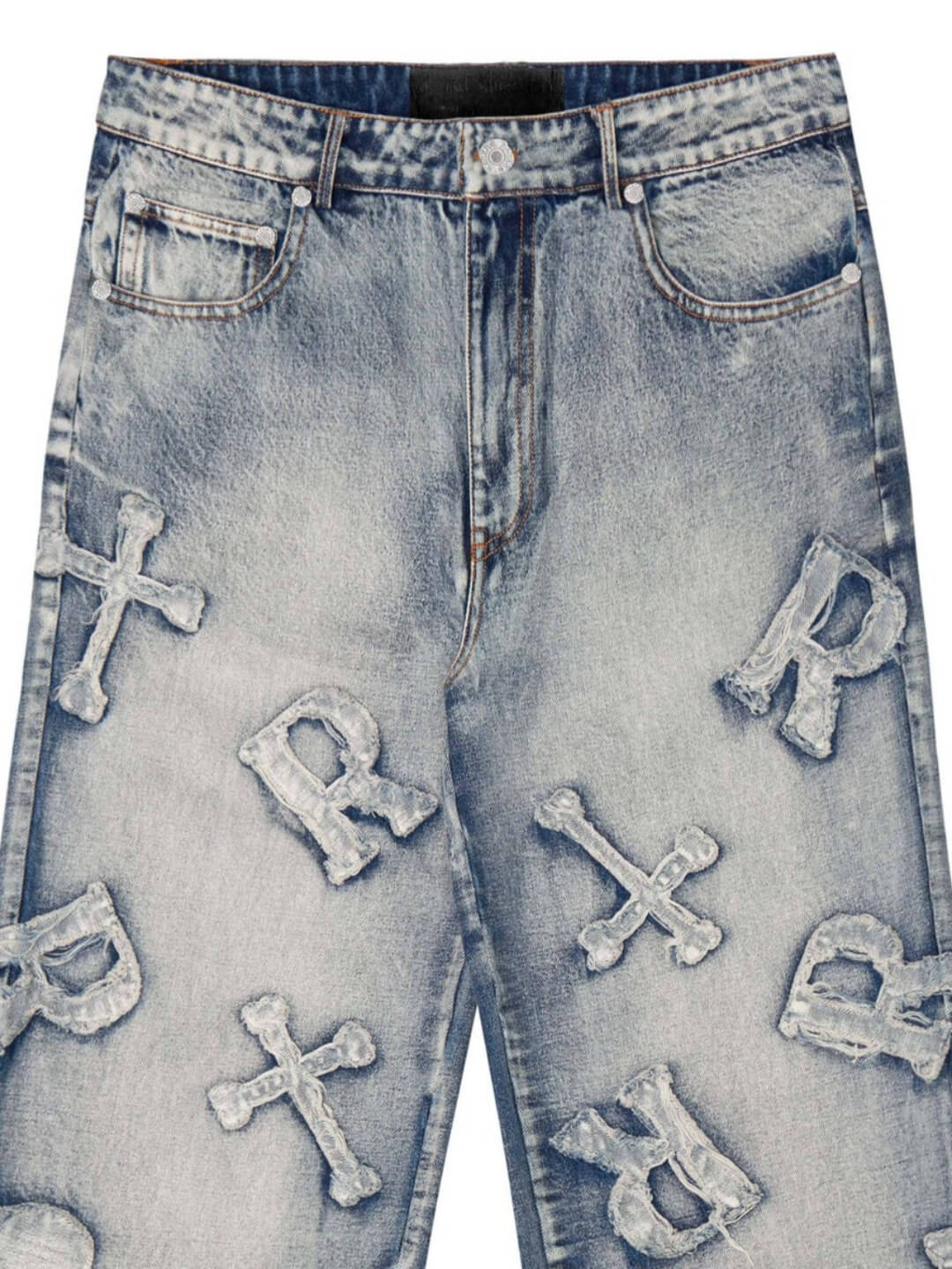 Frayed Cross & Letter Patch Jeans