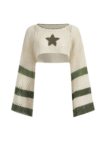 Star Striped Bell Sleeves Crochet Crop Top