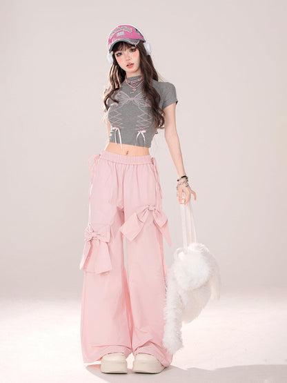 Pink Bow Elastic Waist Wide Leg Pants