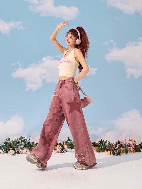 Pink Star Wide Leg Jeans