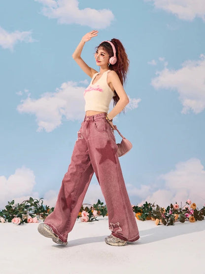 Pink Star Wide Leg Jeans