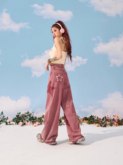 Pink Star Wide Leg Jeans