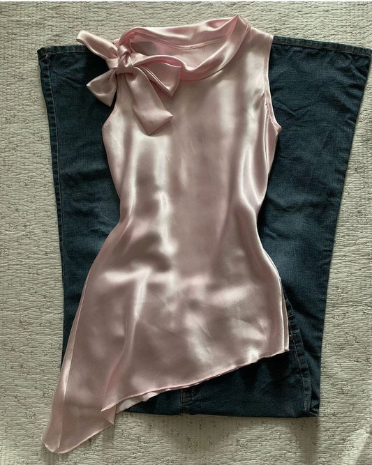 Plain Satin Bow Asymmetric Top