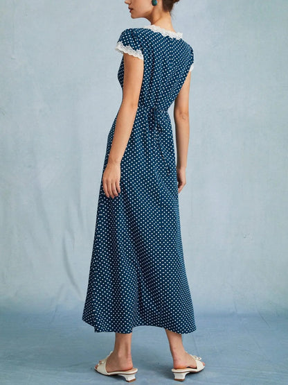 Polka Dot Lace Trim V-Neck Dress